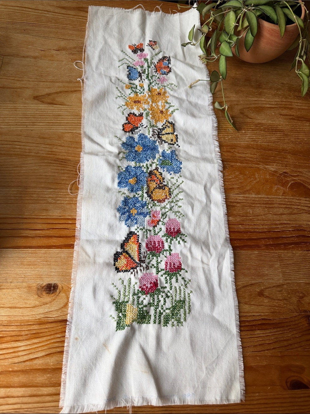 Vintage Hand-Embroidered Floral & Butterfly Artwork